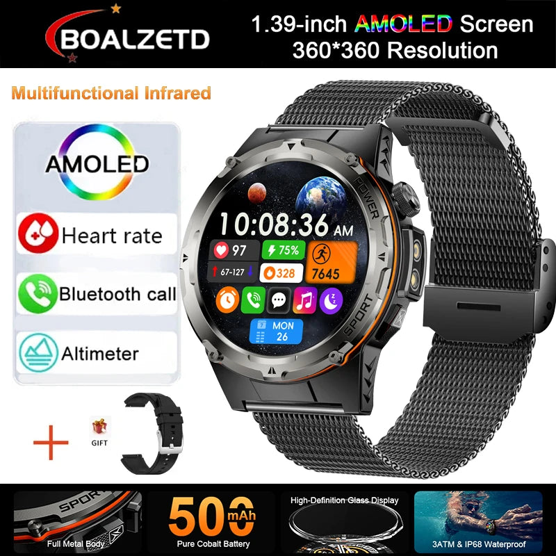 New Military Sports GPS Smart watch AMOLED HD IP68 outdoor NFC Sport Watch Fitness tracker Health monitor BT call LED flashlight